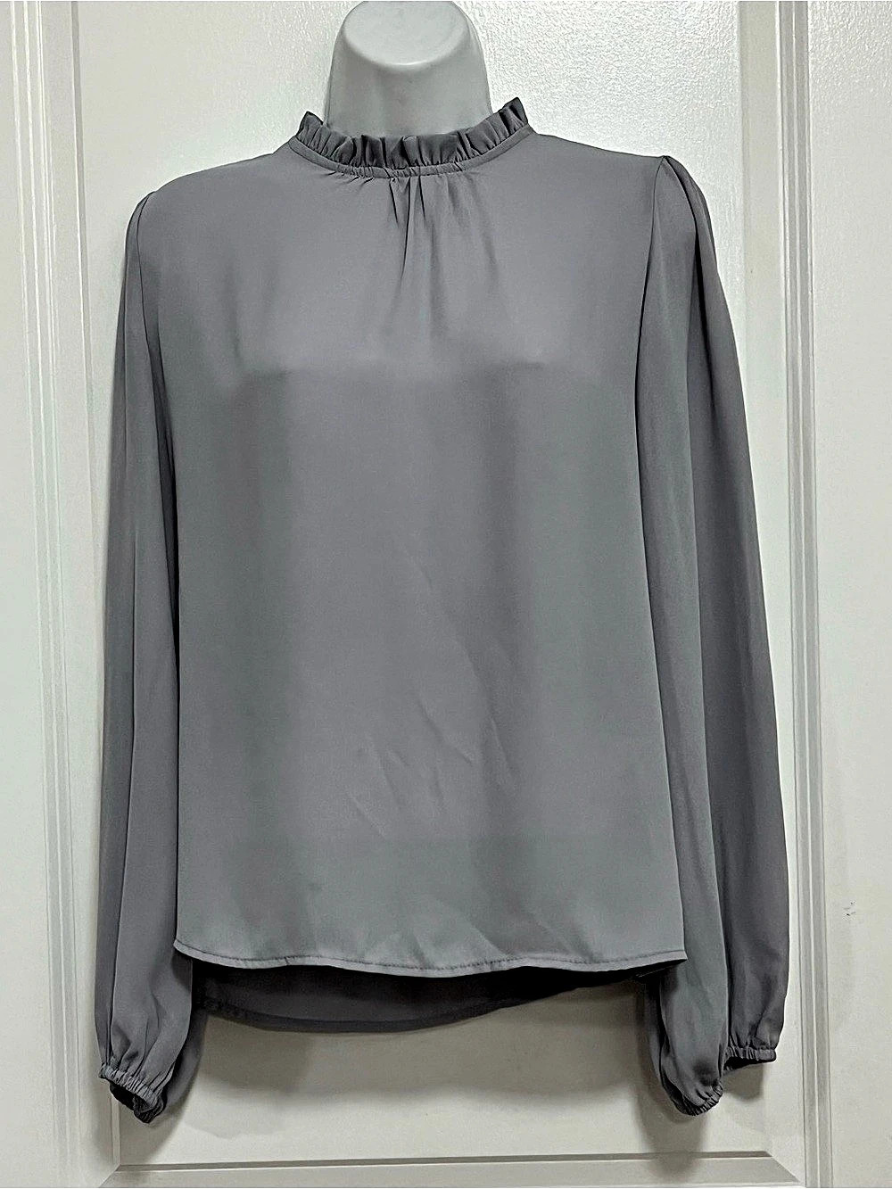 SHEIN Grey Ruffle Mock Neck Lantern Sleeve Blouse Size M